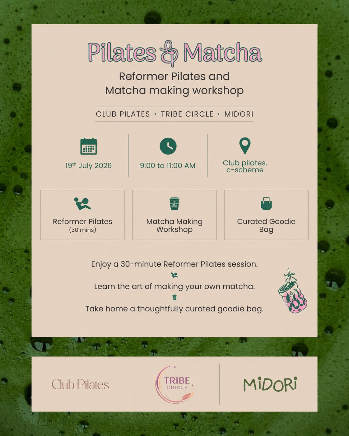 Pilates and Matcha event poster