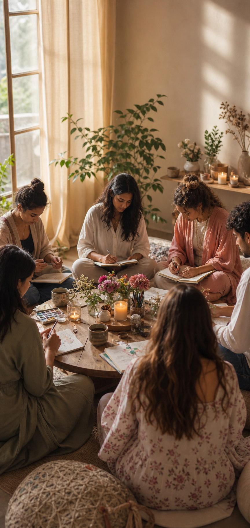 A calm reflective workshop circle with journals and art materials
